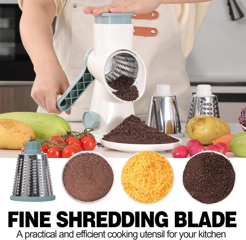 GORCI Cheese Grater Cheese Shredder with 3 Interchangeable Blades, Rotary Cheese Grater Manual Vegetable Slicer with Non-slip Suction Base Peanut Nuts Grinder Vegetable Shredder White - Image 4